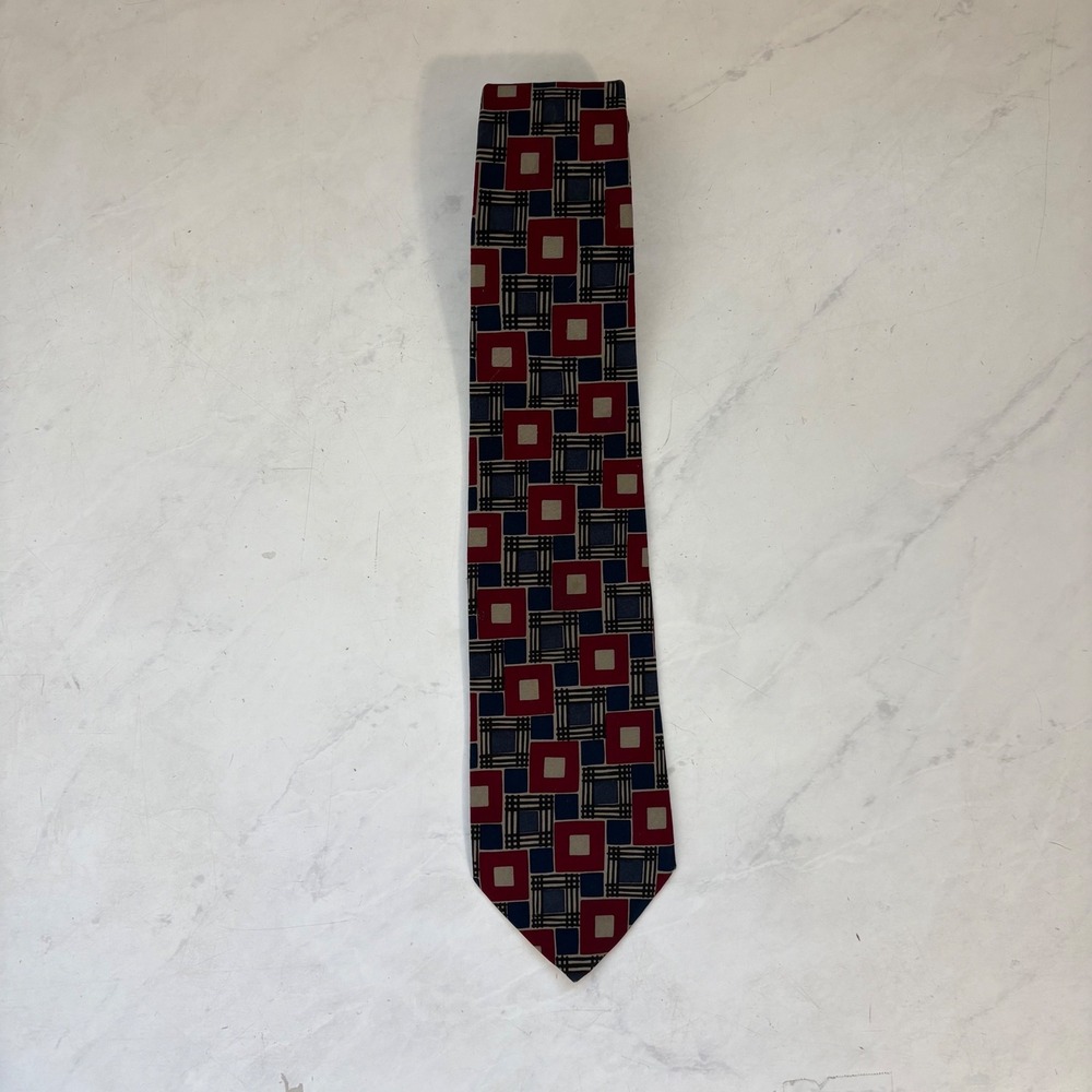 Vintage Brooks Brothers Burgundy Red Navy Blue Geometric Print Silk Tie Formal